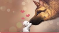 Valentine German Shepard kissing white ktten with hearts rising 200 x 113