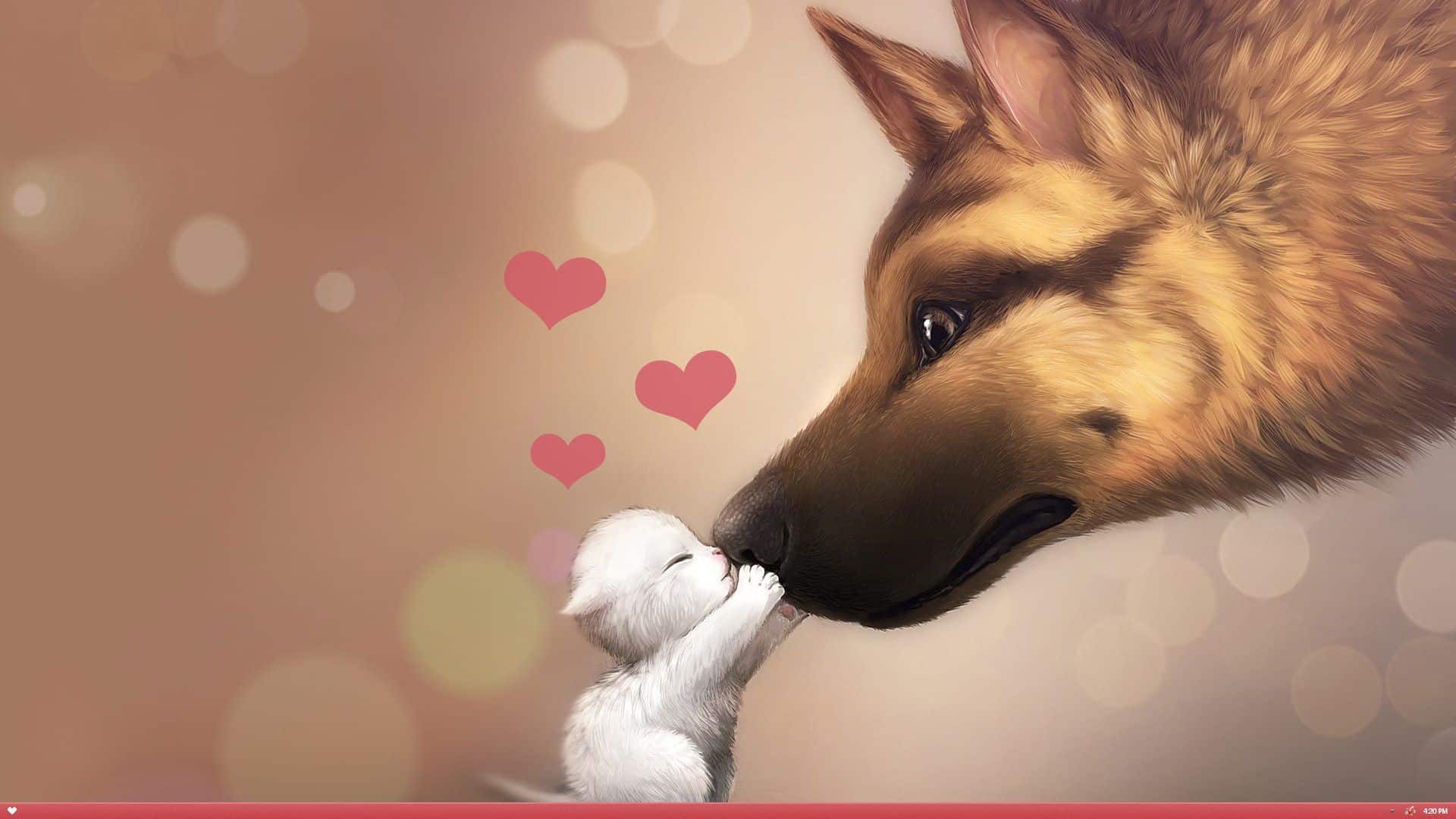 Valentine German Shepard kissing white ktten with hearts rising 1920 x 1080