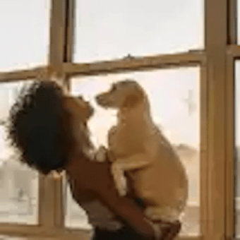 dog, blonde, held by black lady 340 x 340 min