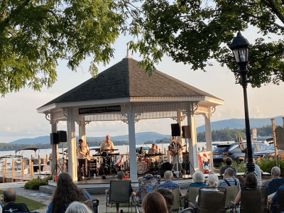 Gazebo in park with Lake backdrop